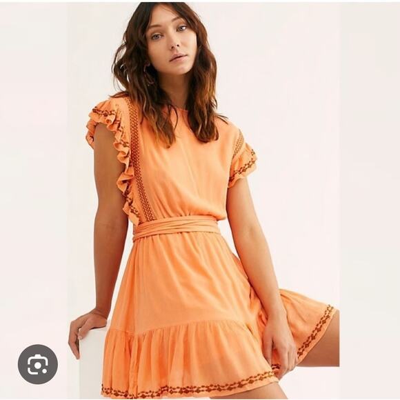 Free People Women's Orange Embroidered Weekend Brunch Mini Dress XS - Picture 1 of 9